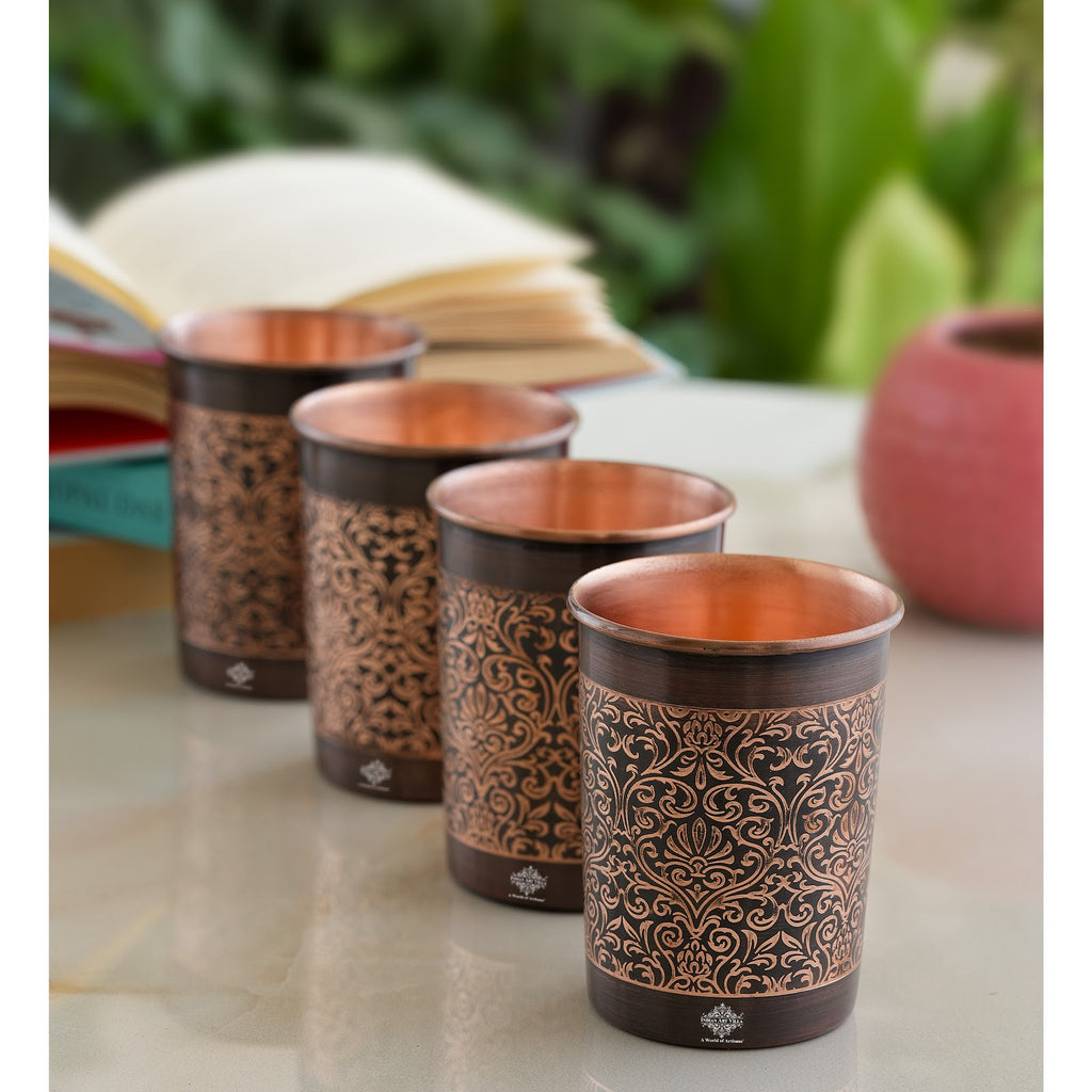 Indian Art Villa Handcrafted Pure Copper Glass, Dark Embossed Design, Drinkware, Serveware