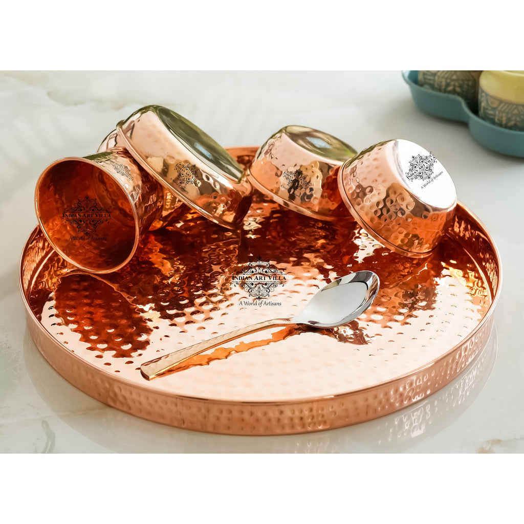 IndianArtVilla Pure Copper Hammered  Design, 6 Pieces Dinner Set, 30.48 cm Thali