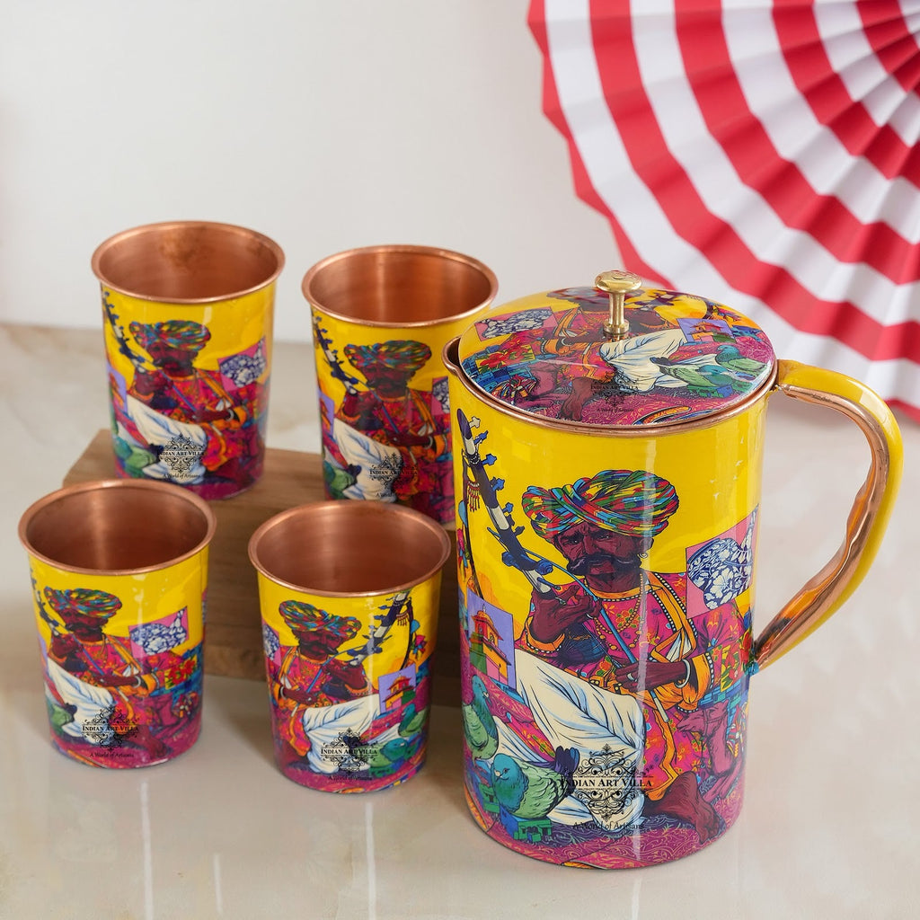 Indian Art Villa, Pure Copper Jug & Two Glass Set With historical Rajasthani Printed Theme "Padharo Mhare Desh"