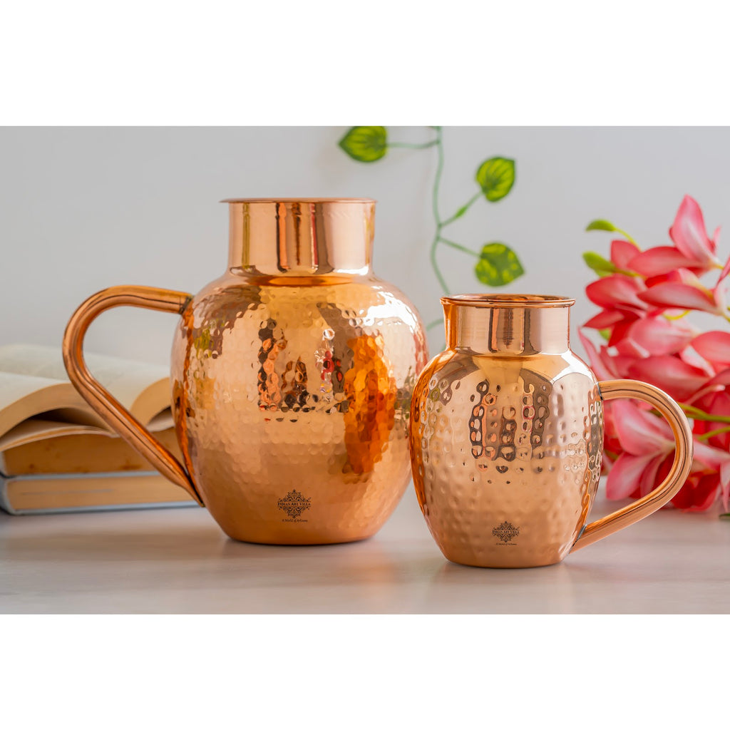 Indian Art Villa, Copper Jug/Pitcher With Hammered Royal Surahi Design– 600 ML, Water Storage & Serving, Drinkware and Serveware