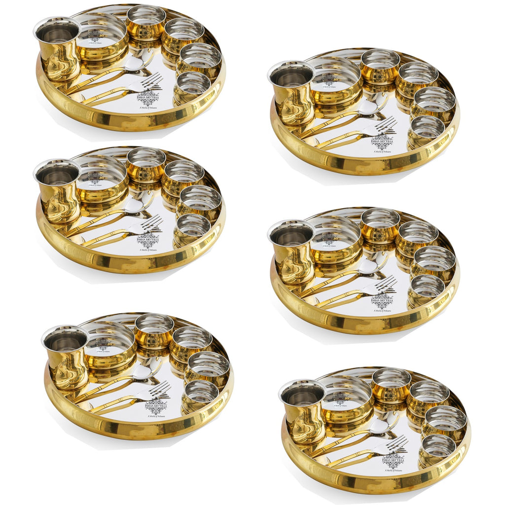 Indian Art Villa Steel Brass Curve Dinner / Thali Set, Cruve Plain Shine Finish Design, 9 Pieces Set