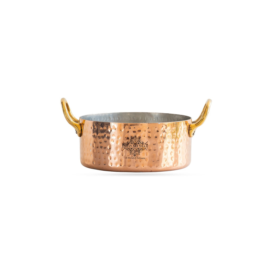 IndianArtVilla Pure Copper Round Dish With Tin Lining, Hammered Design, Serveware & Tableware