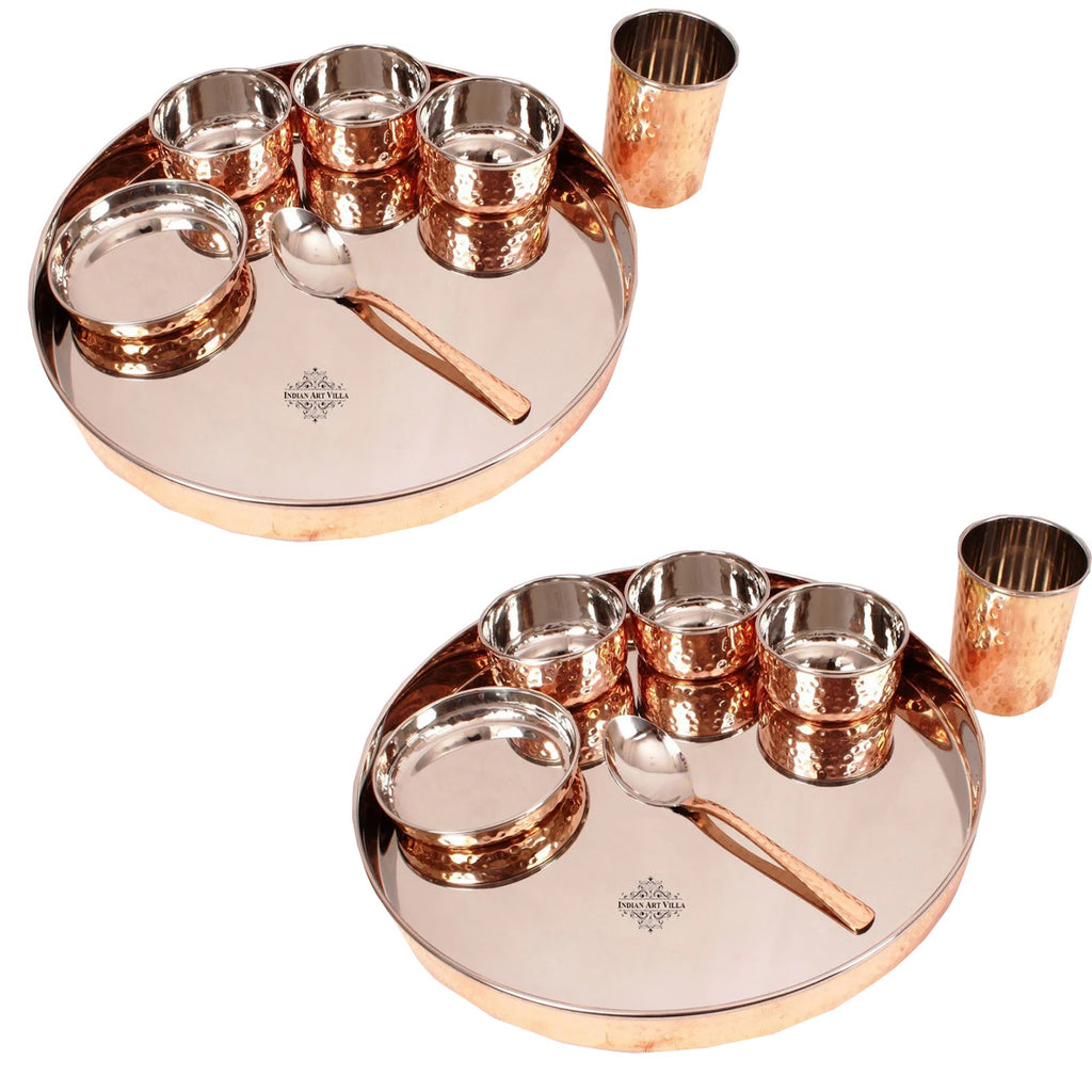 IndianArtVilla Pure Copper Steel Hammered design 7 Piece Kitchen Dinner Set