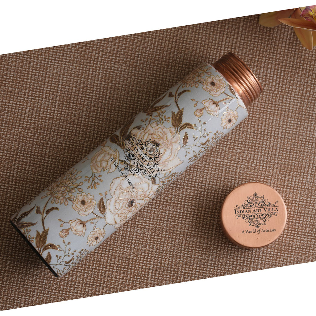 Indian Art Villa Pure Copper Handcrafted Water Bottle With Gold Flower Print Design, 800 ML