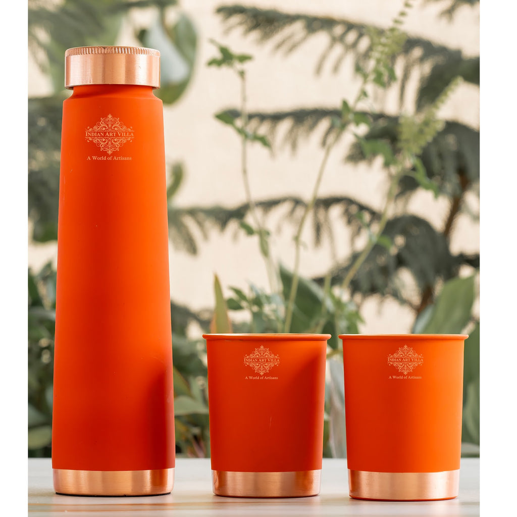 Indian Art Villa Exquisite Orange Copper Bottle And Glasses Set | Perfect For Gifting | Vol. Bottle-950 Ml, Glass-320 Ml