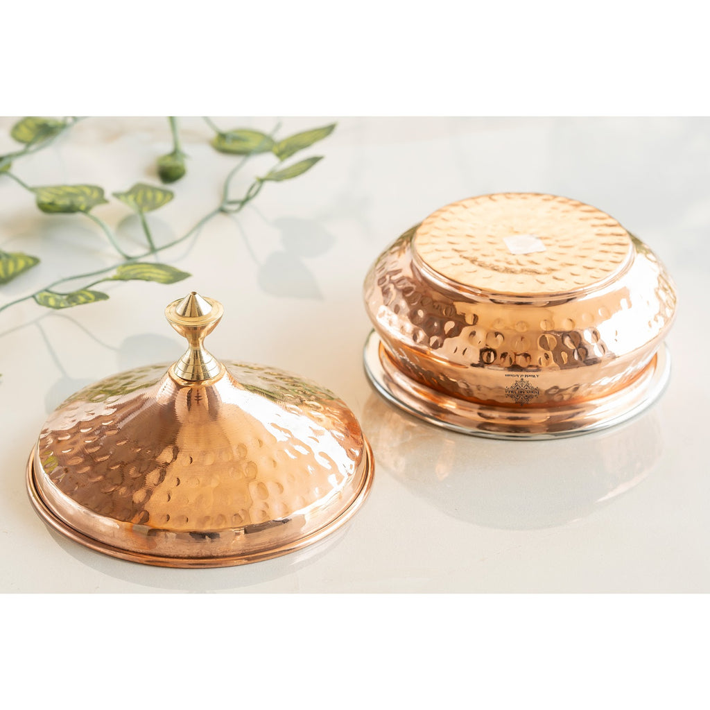 Indian Art Villa Steel Copper Mughlai Handi with Copper Lid and Brass Knob, 330 ML & 1350 ML – Hammered Design Serveware, Perfect for Home & Restaurant Use