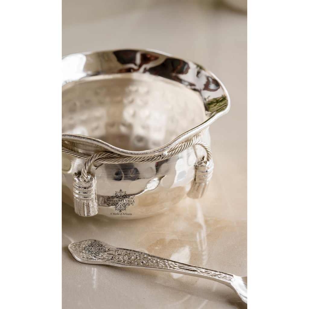 Indian Art Villa Silver-Plated Hammered Bowl with Lid & Spoon - Elegant Gift Box Set for Special Occasions