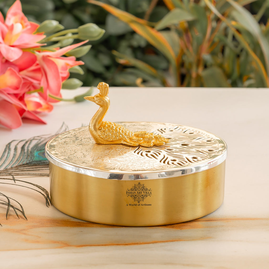 Indian Art Villa Silver Plated Brass Decorative Box With Peacock Design Knob, Ideal For Gifting