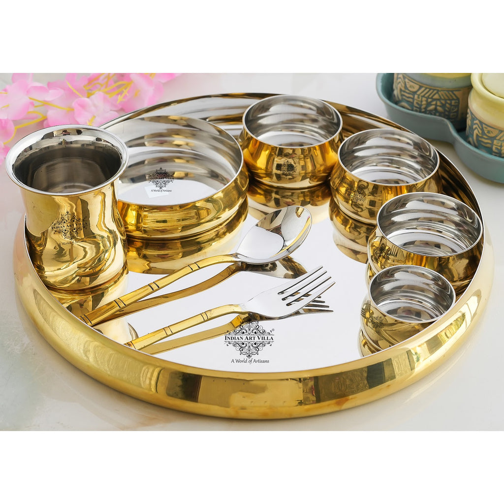 Indian Art Villa Steel Brass Curve Dinner / Thali Set, Cruve Plain Shine Finish Design, 9 Pieces Set