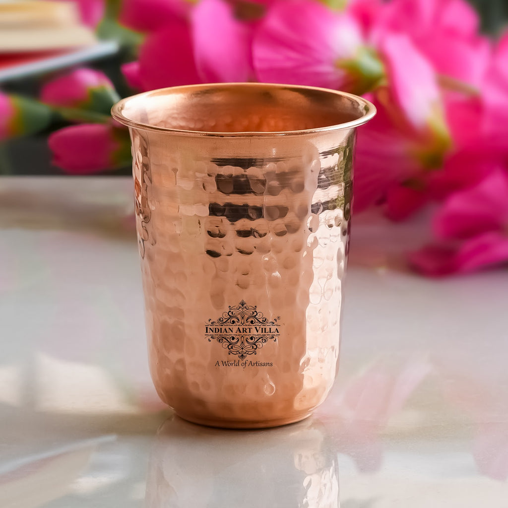 Indian Art Villa Handcrafted Pure Copper Hammered Design Glass | Goblet | Tumbler, 300ml