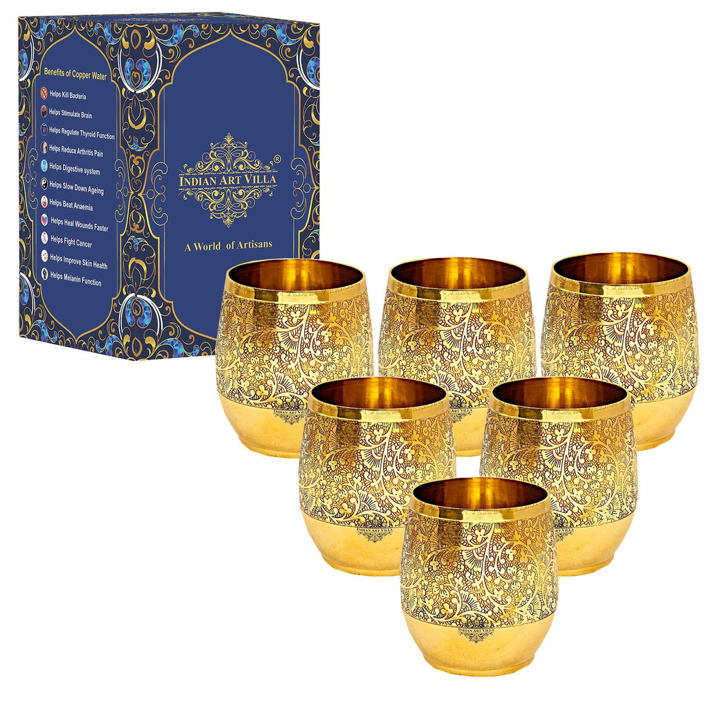 IndianArtVilla Handmade Pure Brass Embossed Flower Design Glass, Tumbler, 300 ml, Drinkware, Serveware, Tableware