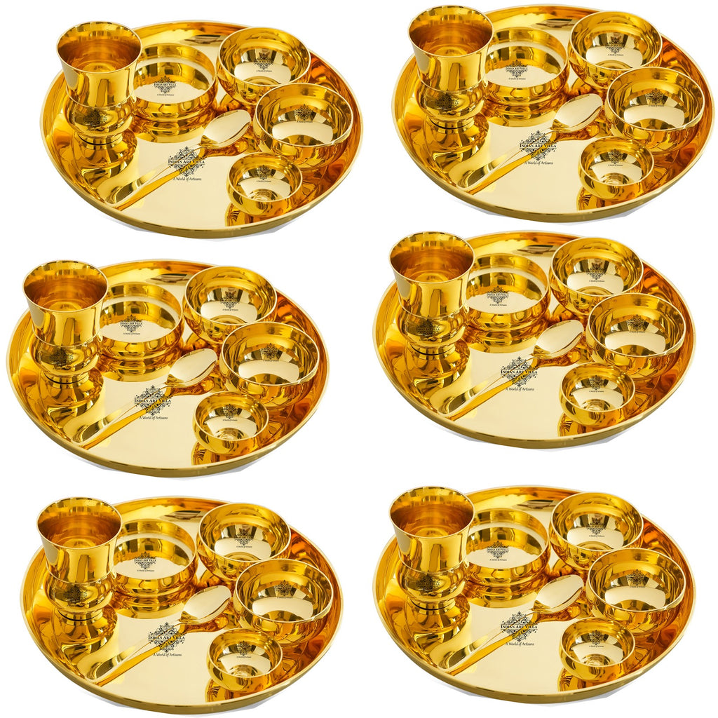 Indian Art Villa Pure Brass Dinner Set Shine FInish Design Set of 7 Piece, 30.48 cm thali