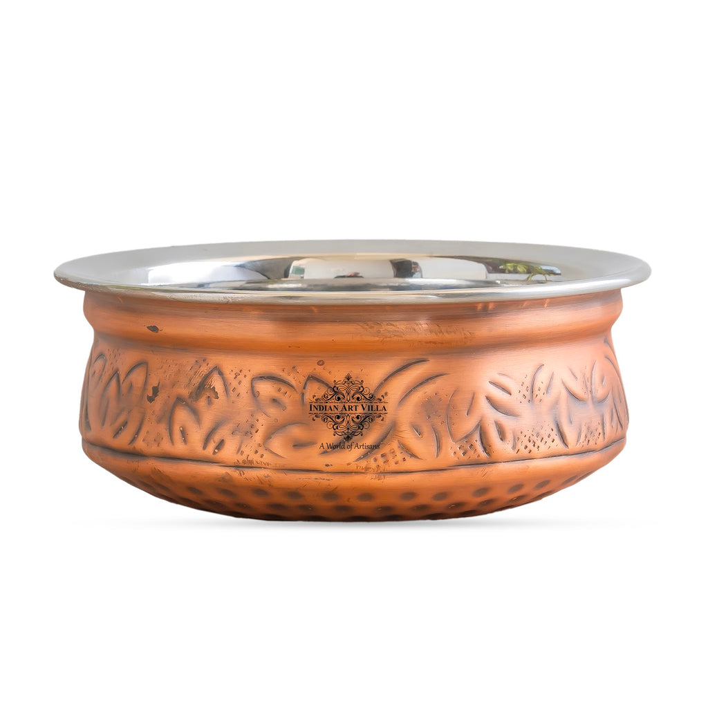 IndianArtVilla, Pure  Steel Copper Embossed Design Serving Handi/Bowl/Casserole, Ideal for Home & Restaurant Tableware and Serveware