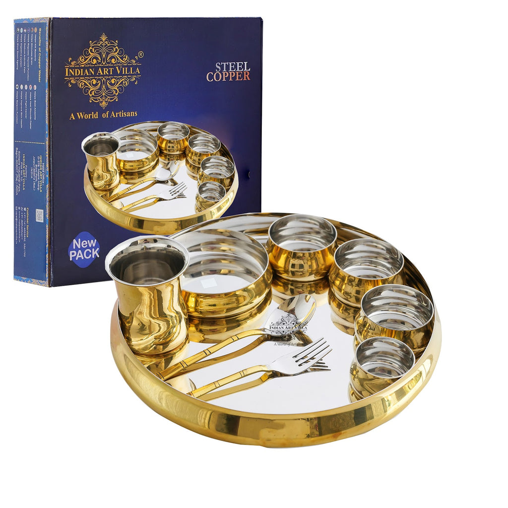 Indian Art Villa Steel Brass Curve Dinner / Thali Set, Cruve Plain Shine Finish Design, 9 Pieces Set