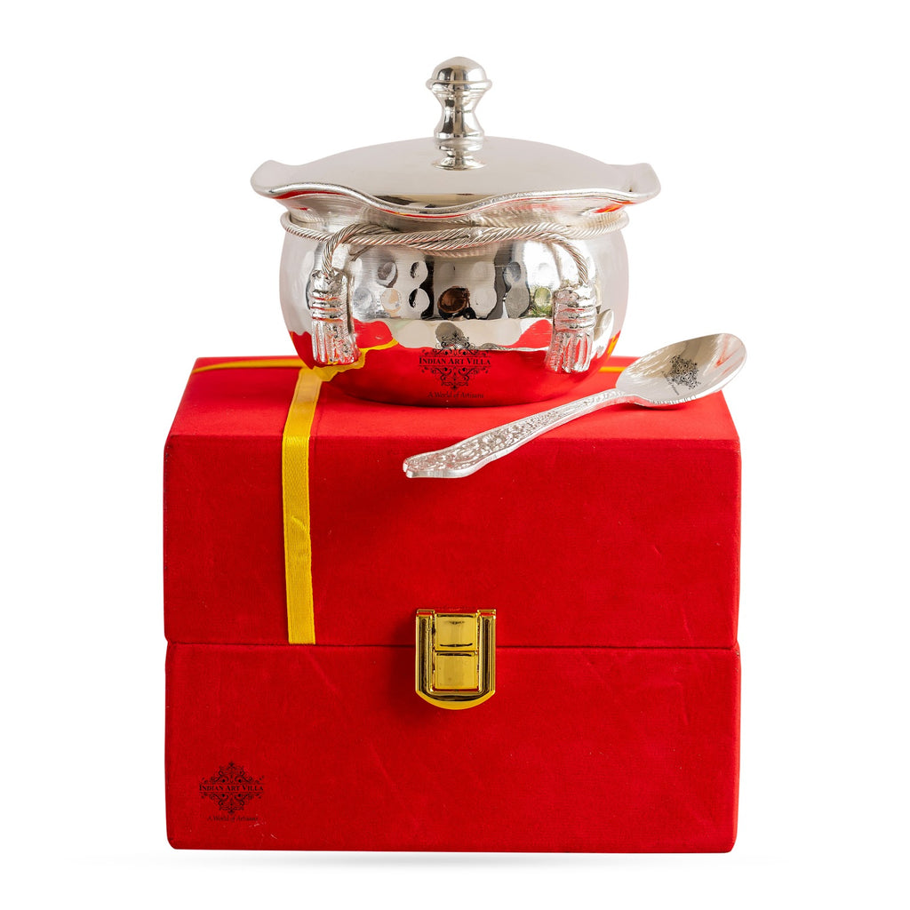 Indian Art Villa Silver-Plated Hammered Bowl with Lid & Spoon - Elegant Gift Box Set for Special Occasions