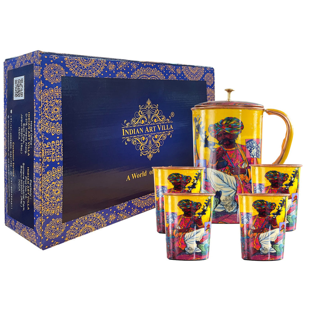 Indian Art Villa, Pure Copper Jug & Two Glass Set With historical Rajasthani Printed Theme "Padharo Mhare Desh"