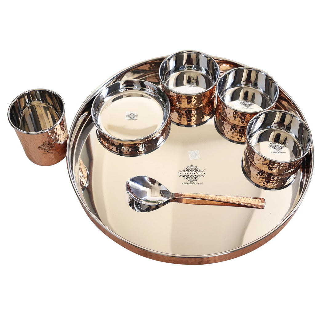 IndianArtVilla Pure Copper Steel Hammered design 7 Piece Kitchen Dinner Set