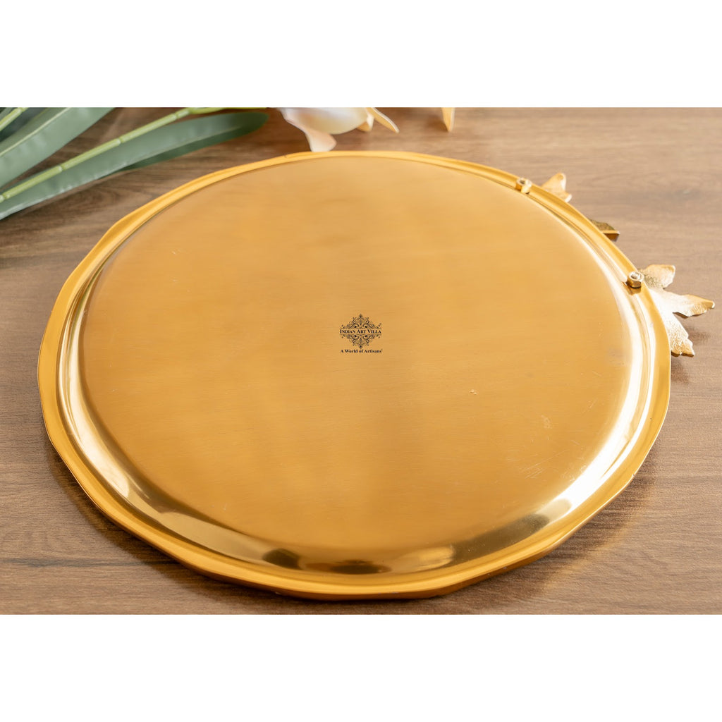 Indian Art Villa Brass Finish Decorative Serving Platter with Flower Design, Luxurious Serveware for Home Décor