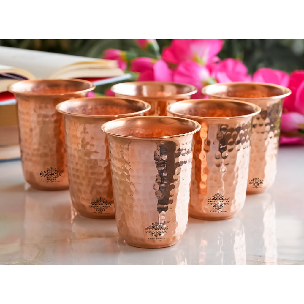 Indian Art Villa Handcrafted Pure Copper Hammered Design Glass | Goblet | Tumbler, 300ml