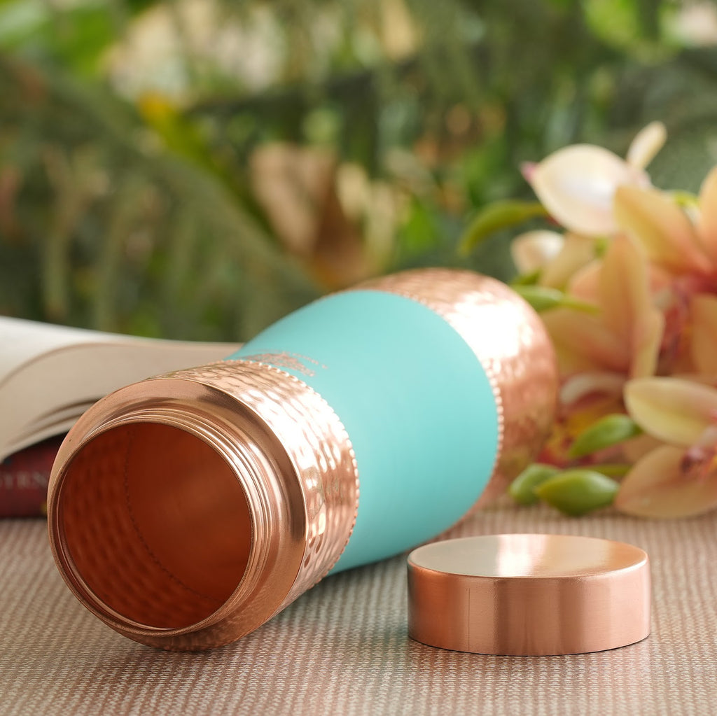 Indian Art Villa Handmade Copper Water Bottle With Silk Finish Turquoise Color ,1000ml