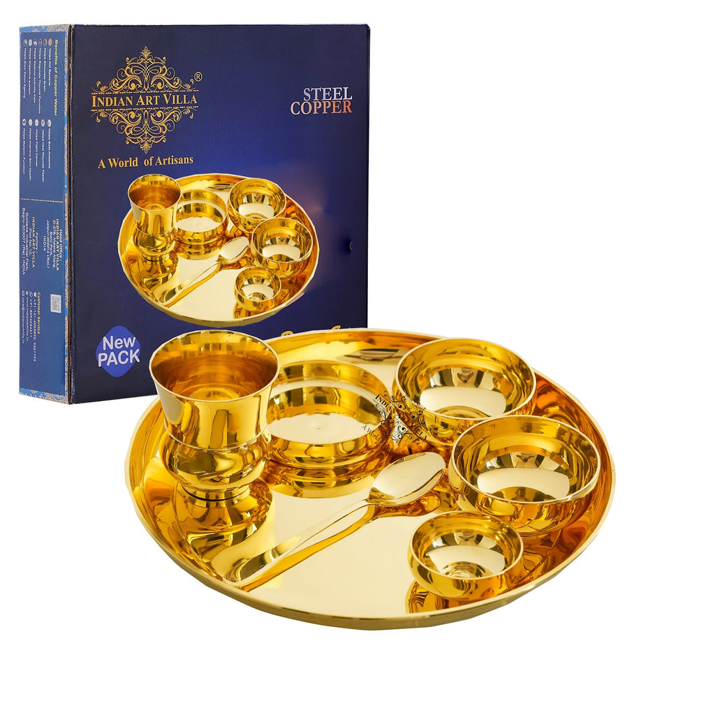 Indian Art Villa Pure Brass Dinner Set Shine FInish Design Set of 7 Piece, 30.48 cm thali