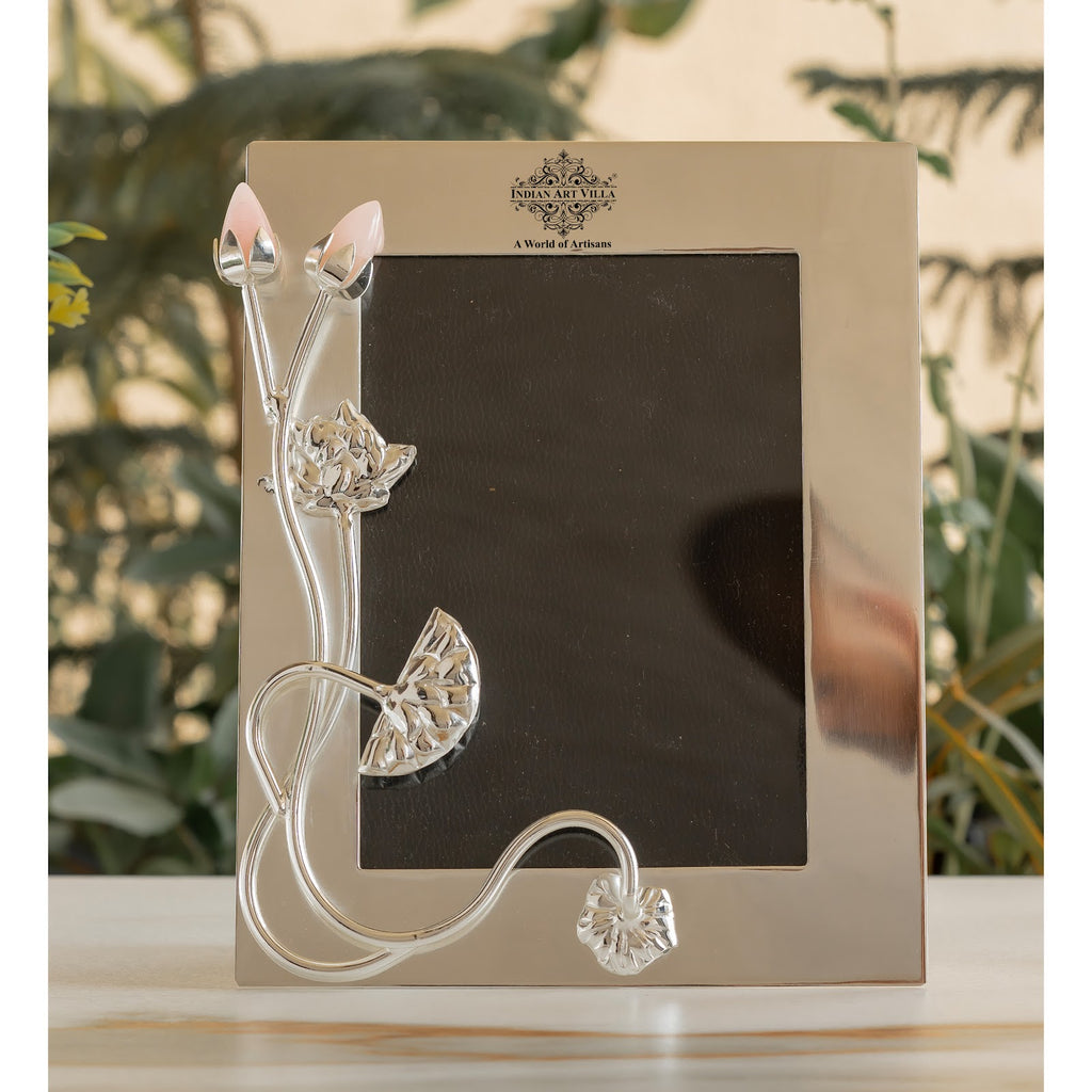 Indian Art Villa Silver-Plated Lotus Bird Flower Photo Frame – 24x19 cm (Inner Photo Size 18x13 cm), Decorative Picture Frame for Home Décor