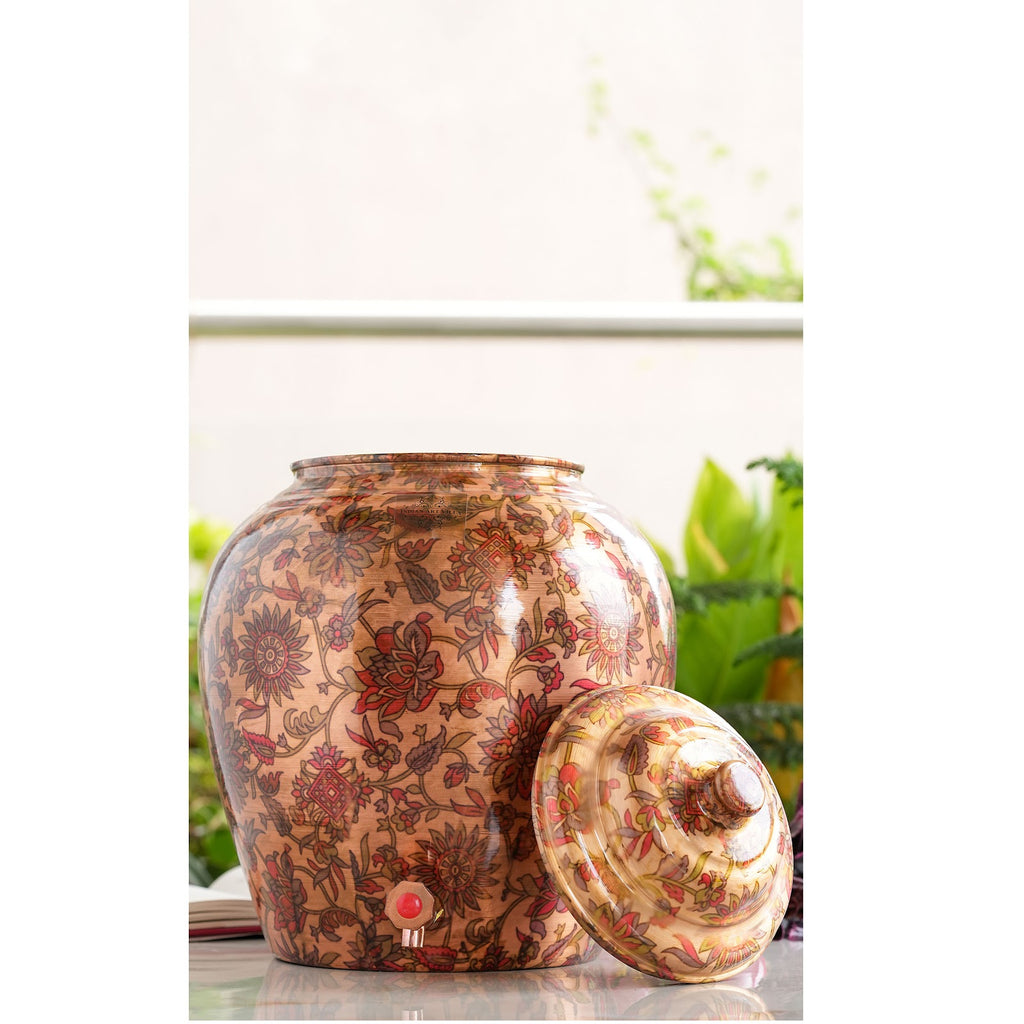 IndianArtVilla Pure Copper Water Pot | Dispenser | Matka with Printed Flower & Leaf Design, 13 Ltr.