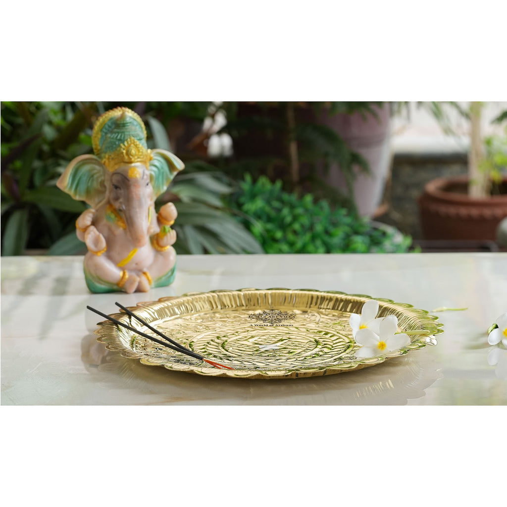 Indian Art Villa Pure Brass Swastik Design Pooja Thali Plate | Poojan Temple Home |Diameter 26.67 CMS