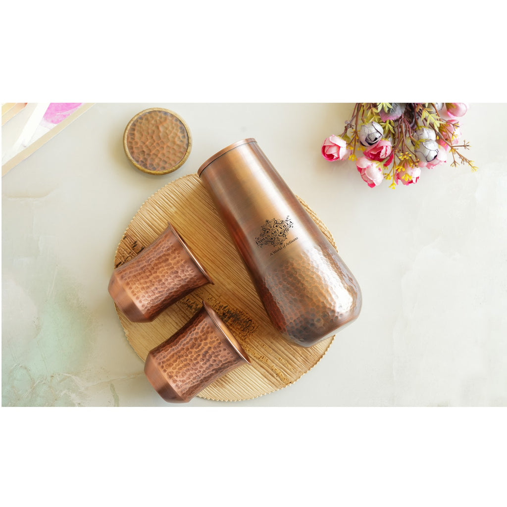 Indian Art Villa Pure Copper Drinkware Gift Set of Copper Bedroom Bottle & Copper Glass with Antique Finished Embossed Design