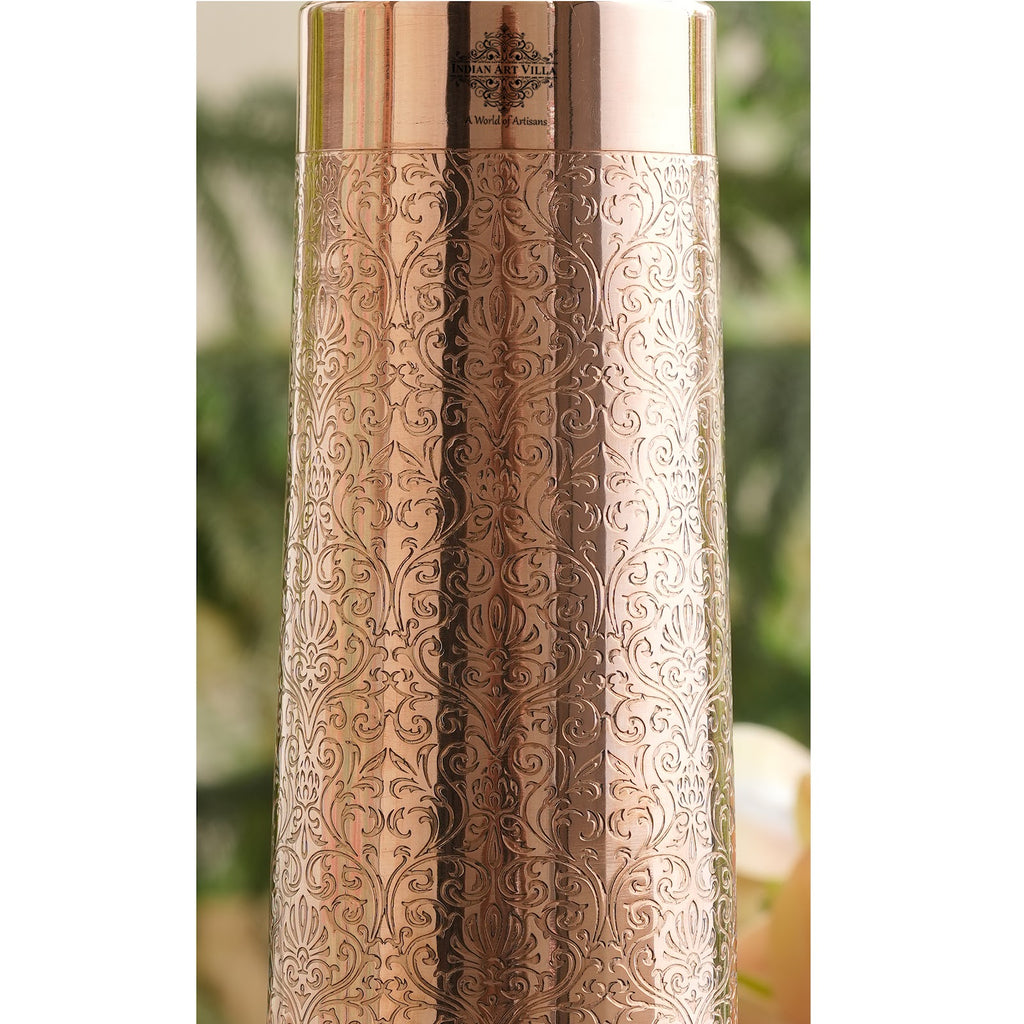 Indian Art Villa Handcraftd Pure Copper Pyramid Shape Embossed Design Bottle, Drinkware, 825 ML