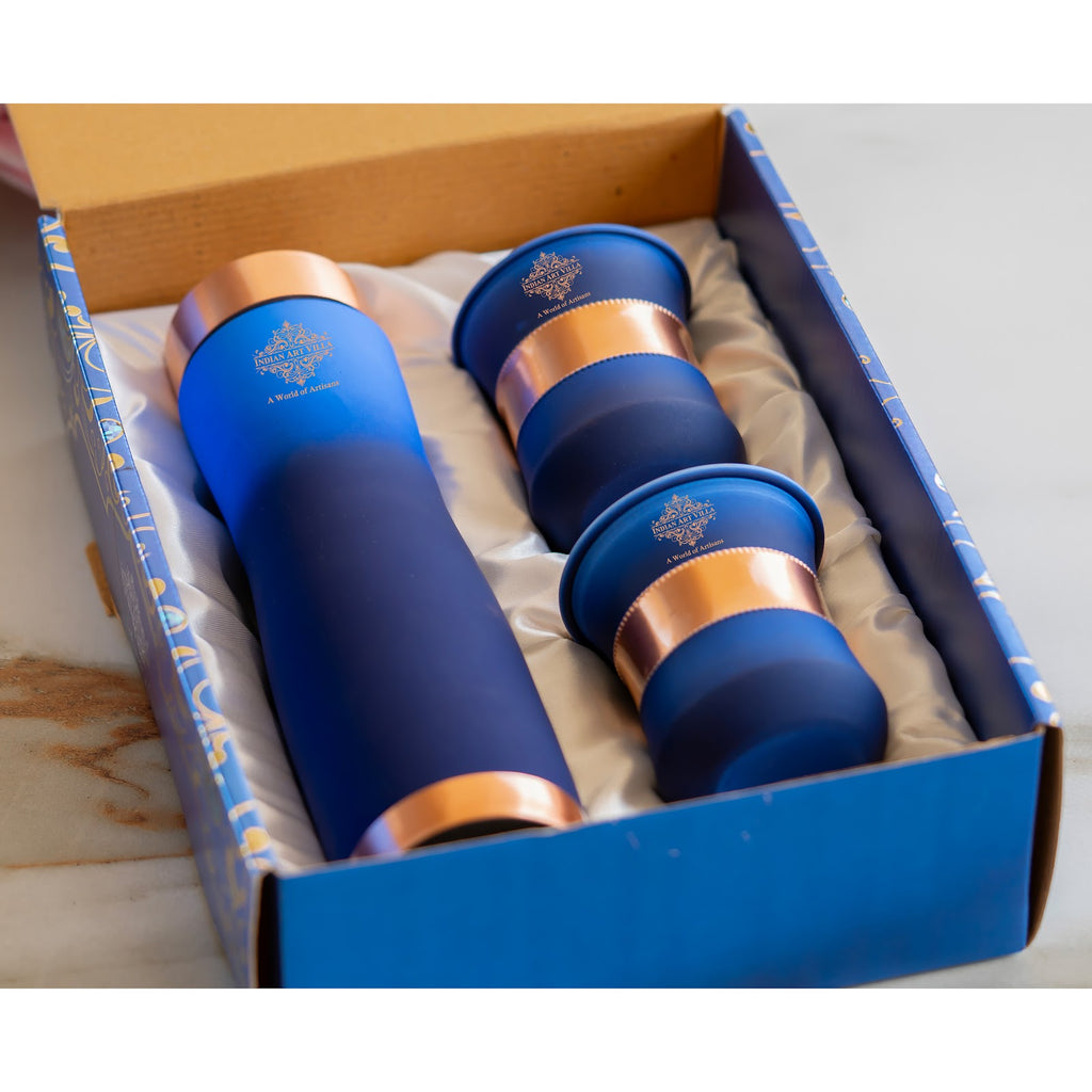 Indian Art Villa Matte Blue Ombre Copper Bottle and Glass Set with Royal Look –  Perfect for Adding a Touch of Luxury, Bottle-950 Ml, Glass-320 Ml