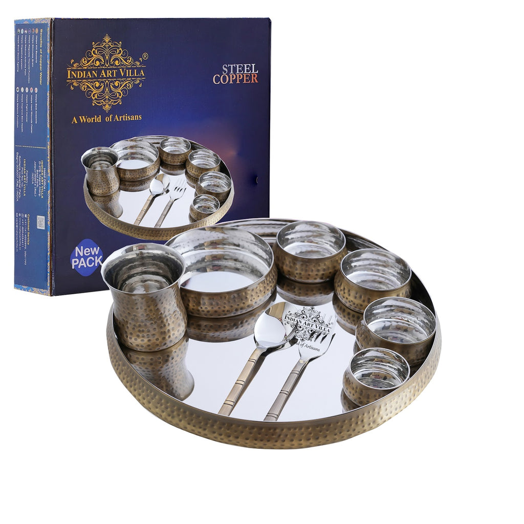 Indian Art Villa Steel Brass Curve Thali Set 9 Piece, Hammered Antique Finish Design Dinner Set