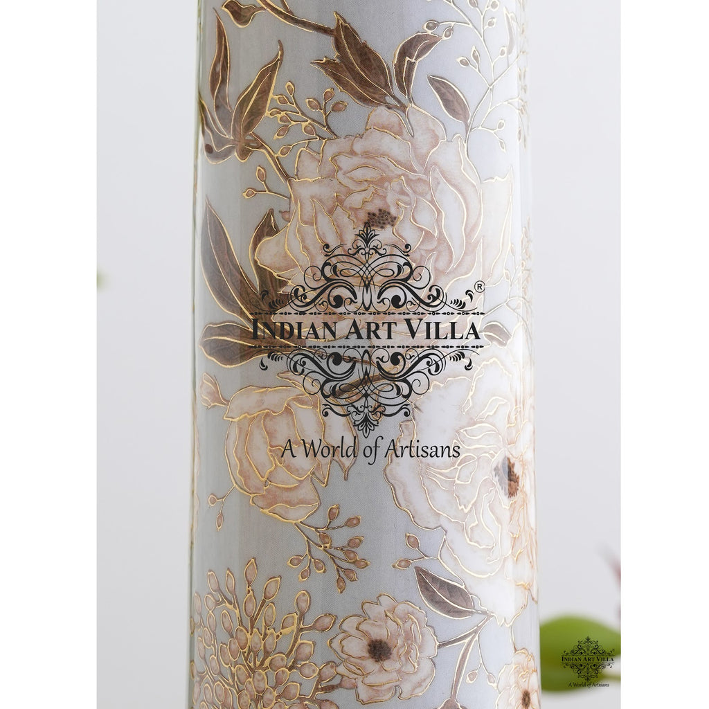 Indian Art Villa Pure Copper Handcrafted Water Bottle With Gold Flower Print Design, 800 ML