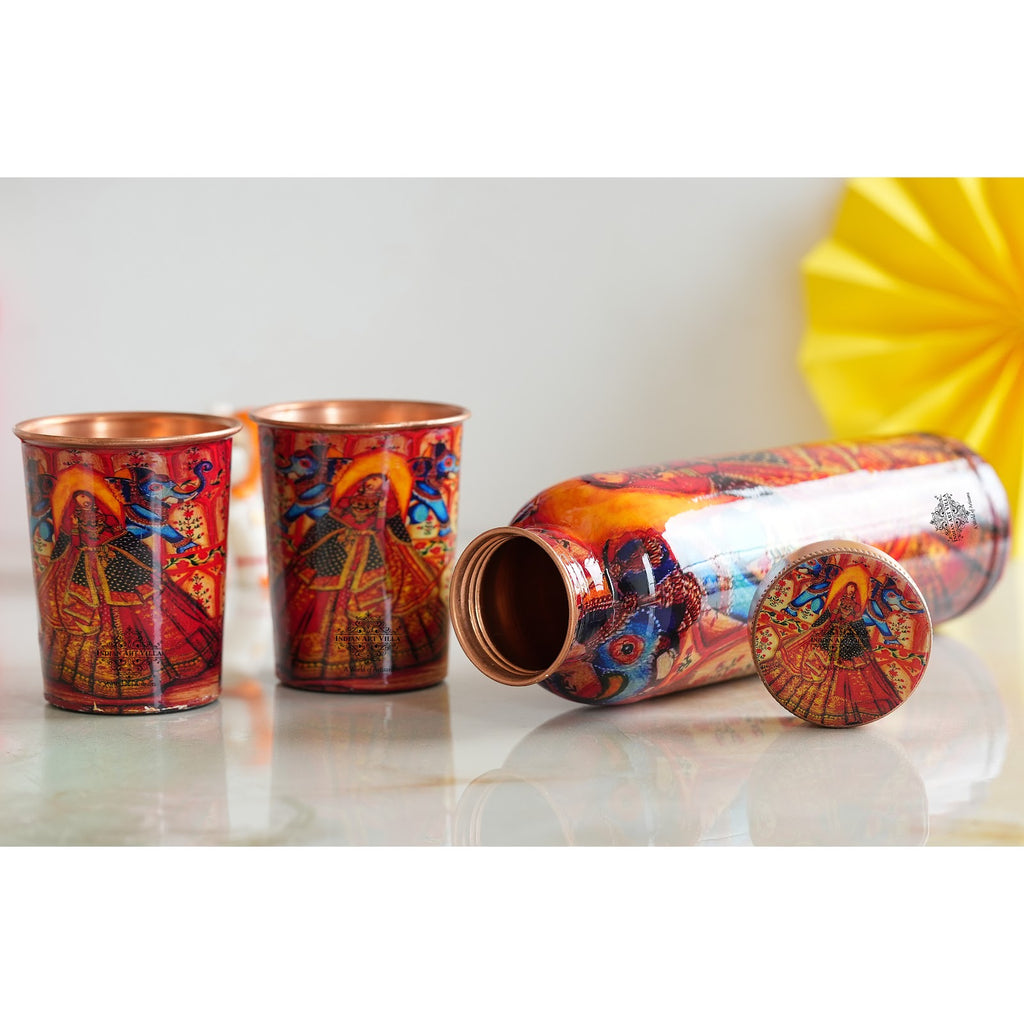 Indian Art Villa, Pure Copper Bottle & Two Glass Set With historical Rajasthani Meena "Padharo Mhare Desh"  Printed Theme