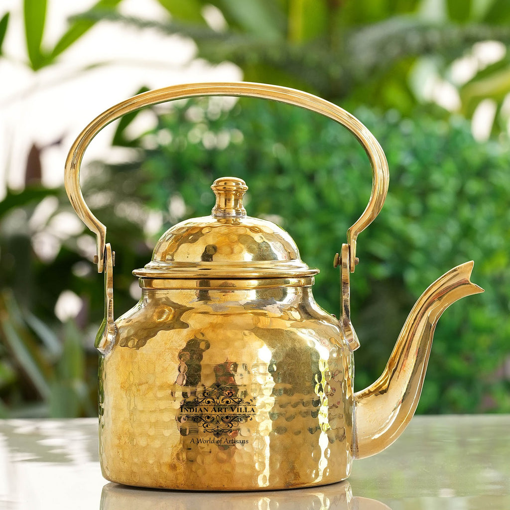 IndianArtVilla Handcrafted Pure Brass Hammered Tea Pot with Brass Stand with 4 Glass Tea Cup