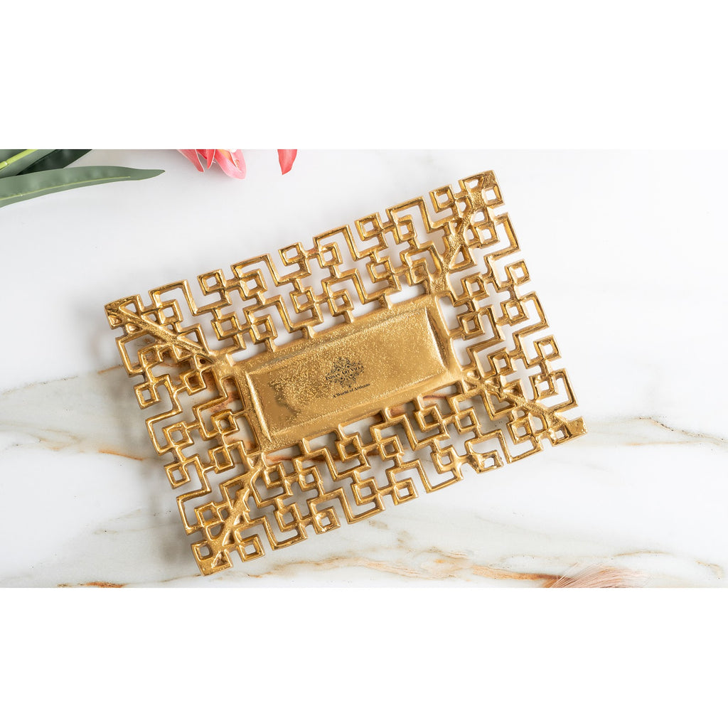 Indian Art Villa Gold Finish Antique Lacquer Matte Square Decorative Item Design Tray, Elegant For Home Decor