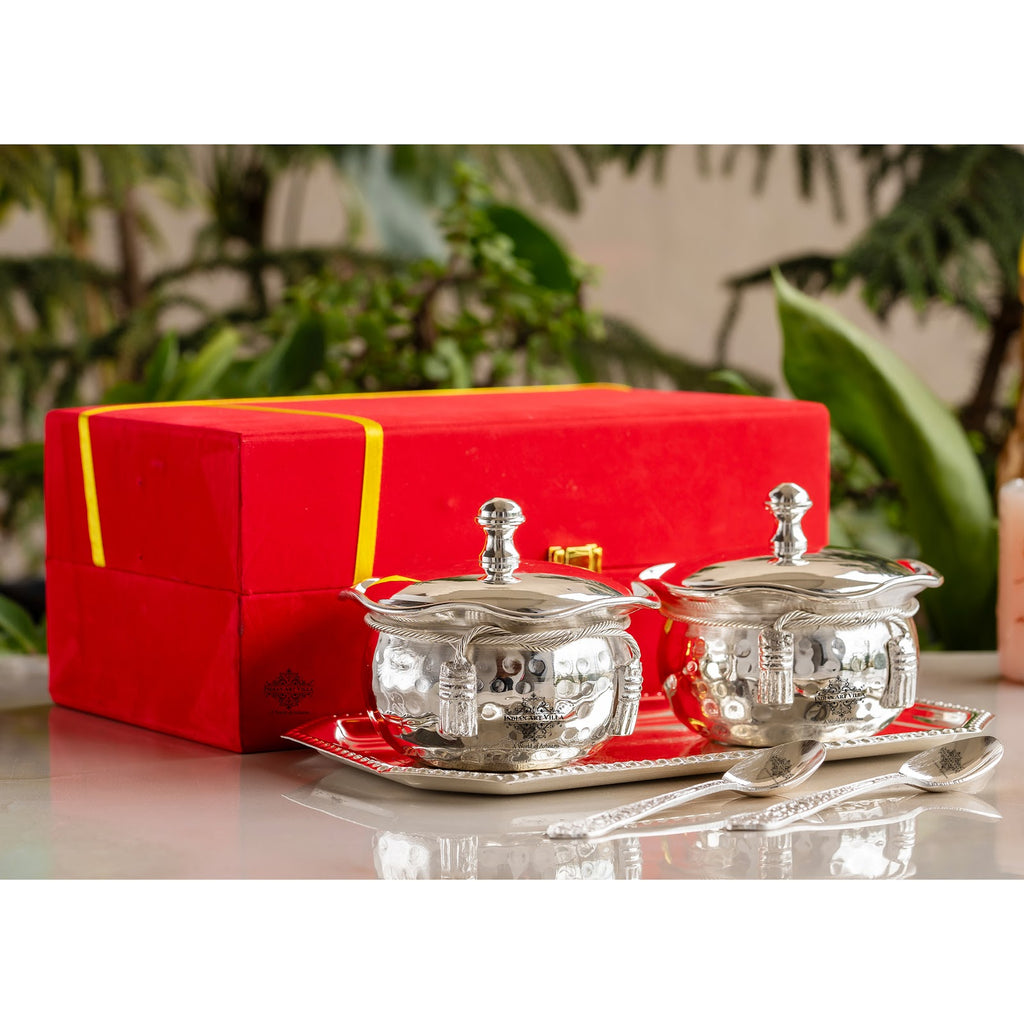 Indian Art Villa Silver-Plated Hammered Bowl with Lid & Spoon - Elegant Gift Box Set for Special Occasions