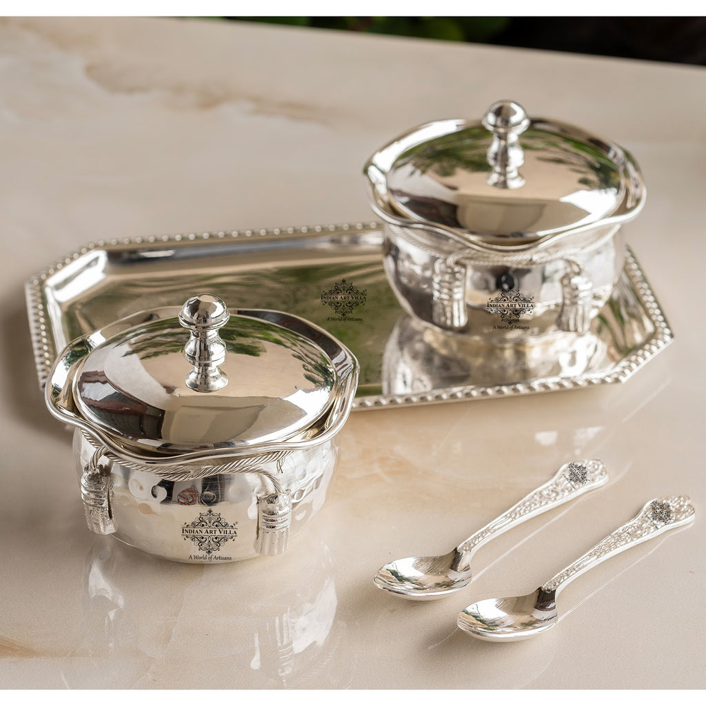 Indian Art Villa Silver-Plated Hammered Bowl with Lid & Spoon - Elegant Gift Box Set for Special Occasions