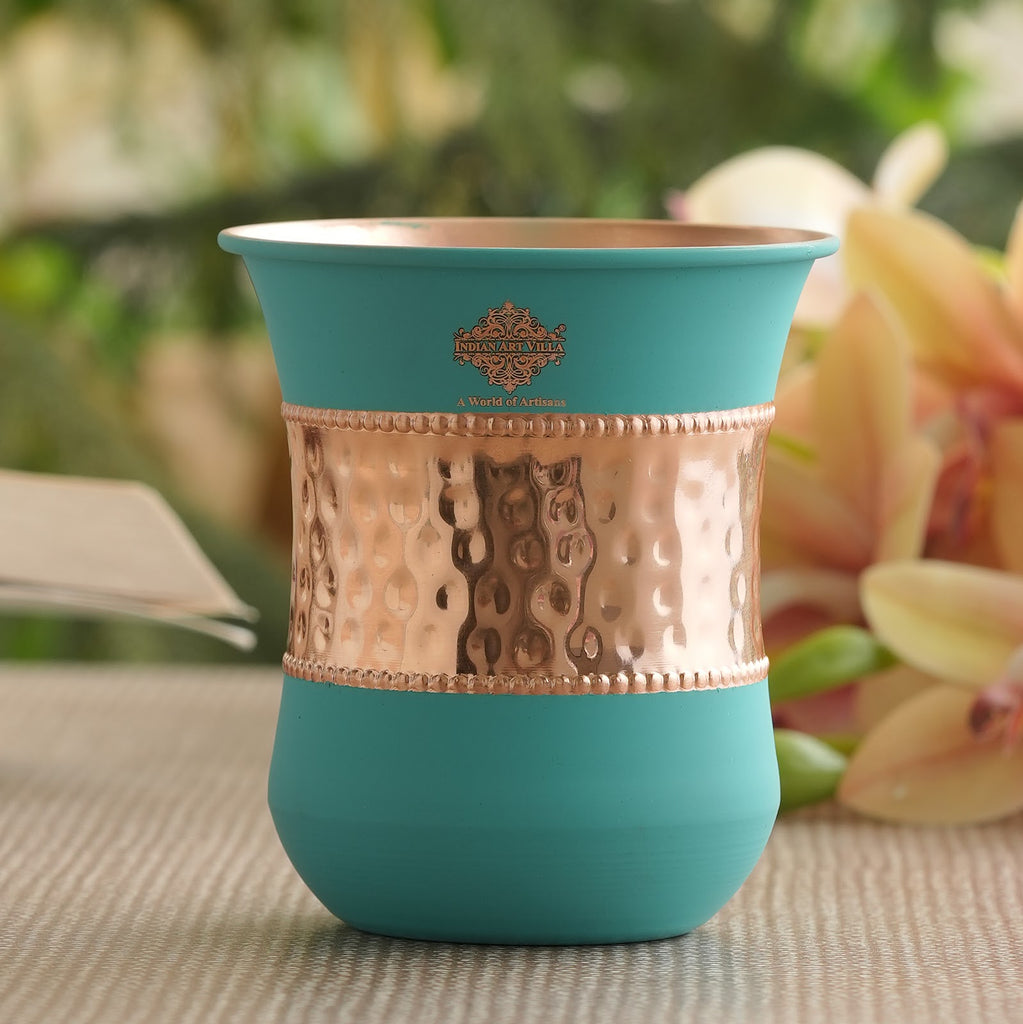 Indian Art Villa Copper Half Hammered Half Silk Finish Turquoise Coloured Glass, 320 ML