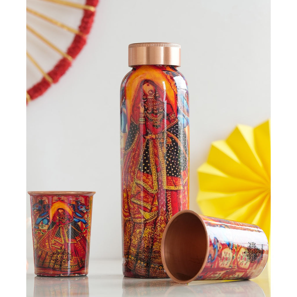 Indian Art Villa, Pure Copper Bottle & Two Glass Set With historical Rajasthani Meena "Padharo Mhare Desh"  Printed Theme