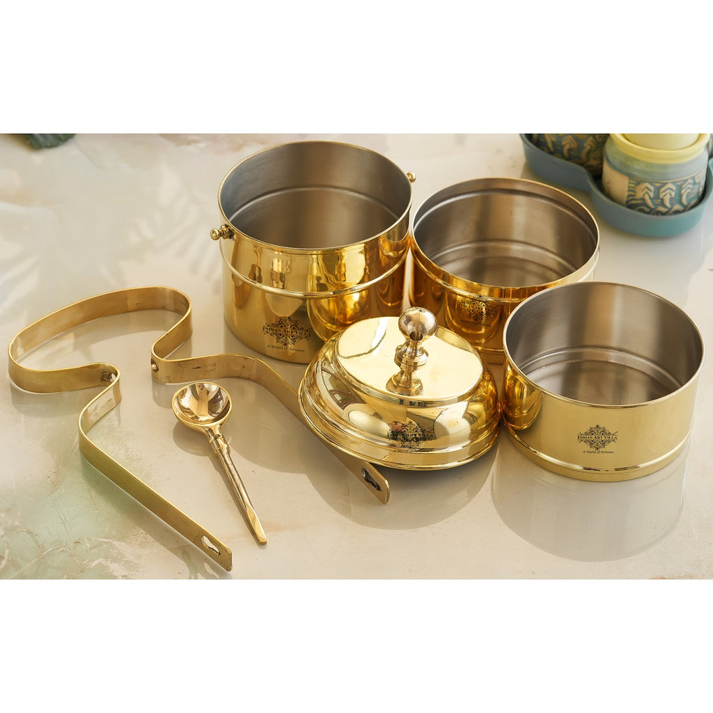 IndianArtVilla Brass Vintage Design Plain Tiffin with Tin Lining, Traditional Tiffin Box with Spoon, 3 Piece