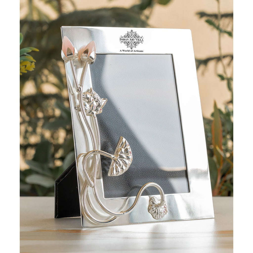 Indian Art Villa Silver-Plated Lotus Bird Flower Photo Frame – 24x19 cm (Inner Photo Size 18x13 cm), Decorative Picture Frame for Home Décor