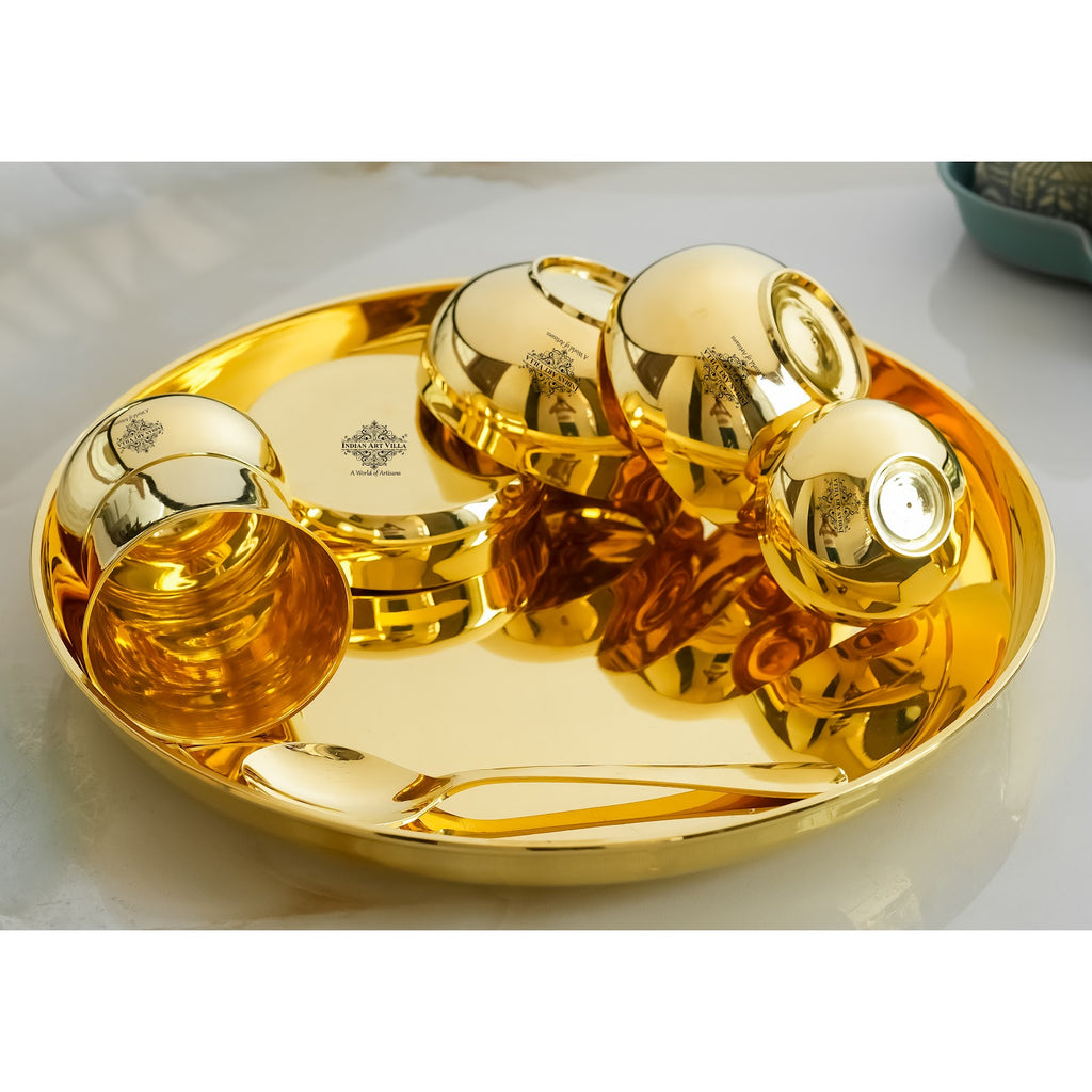 Indian Art Villa Pure Brass Dinner Set Shine FInish Design Set of 7 Piece, 30.48 cm thali