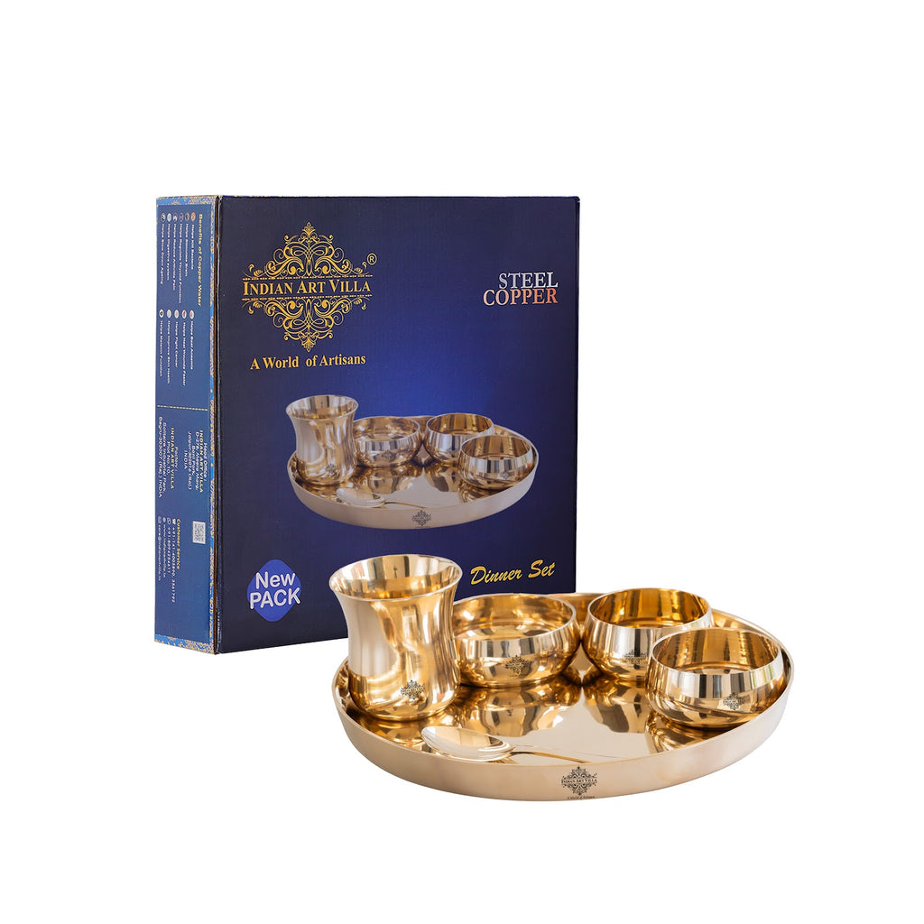 Indian Art Villa Bronze 6-Piece Dinner Set – Shine Finish Design Thali set, Traditional Indian Dinnerware for Home & Special Occasions