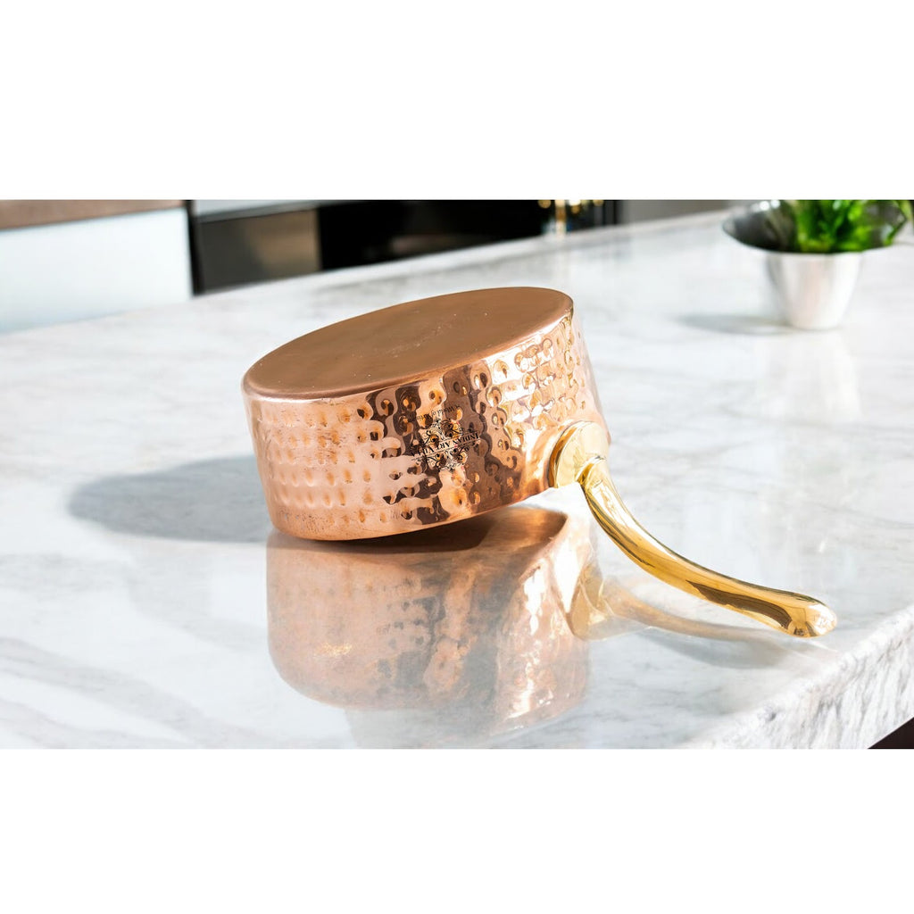 IndianArtVilla Pure Copper Hammered Design Round Sauce Pan With Brass Stand, Tin Lining Sauce Pan