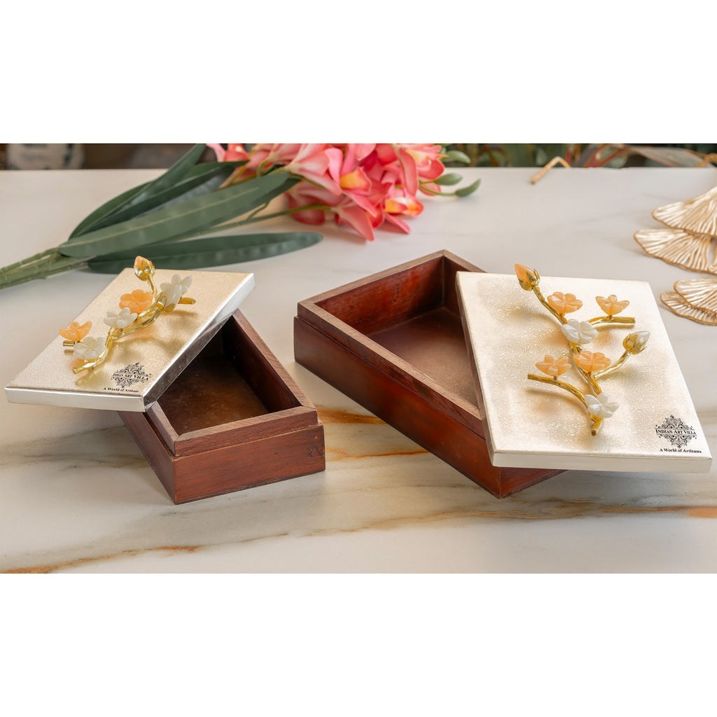 Indian Art Villa Wooden Decorative Box with Silver-Plated Leaf and Flower Design, 20 cm–  Perfect for Festivals, Occasions & Gift