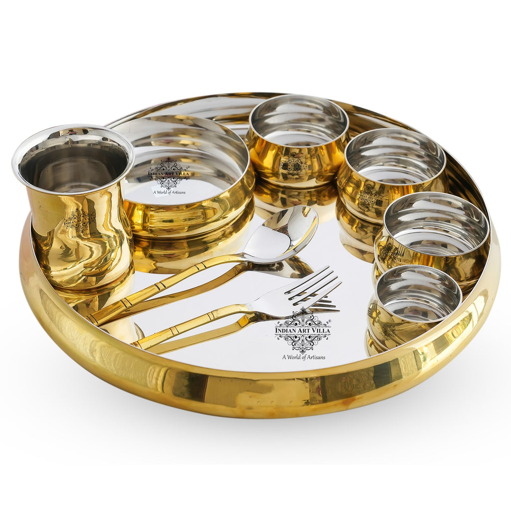 Indian Art Villa Steel Brass Curve Dinner / Thali Set, Cruve Plain Shine Finish Design, 9 Pieces Set