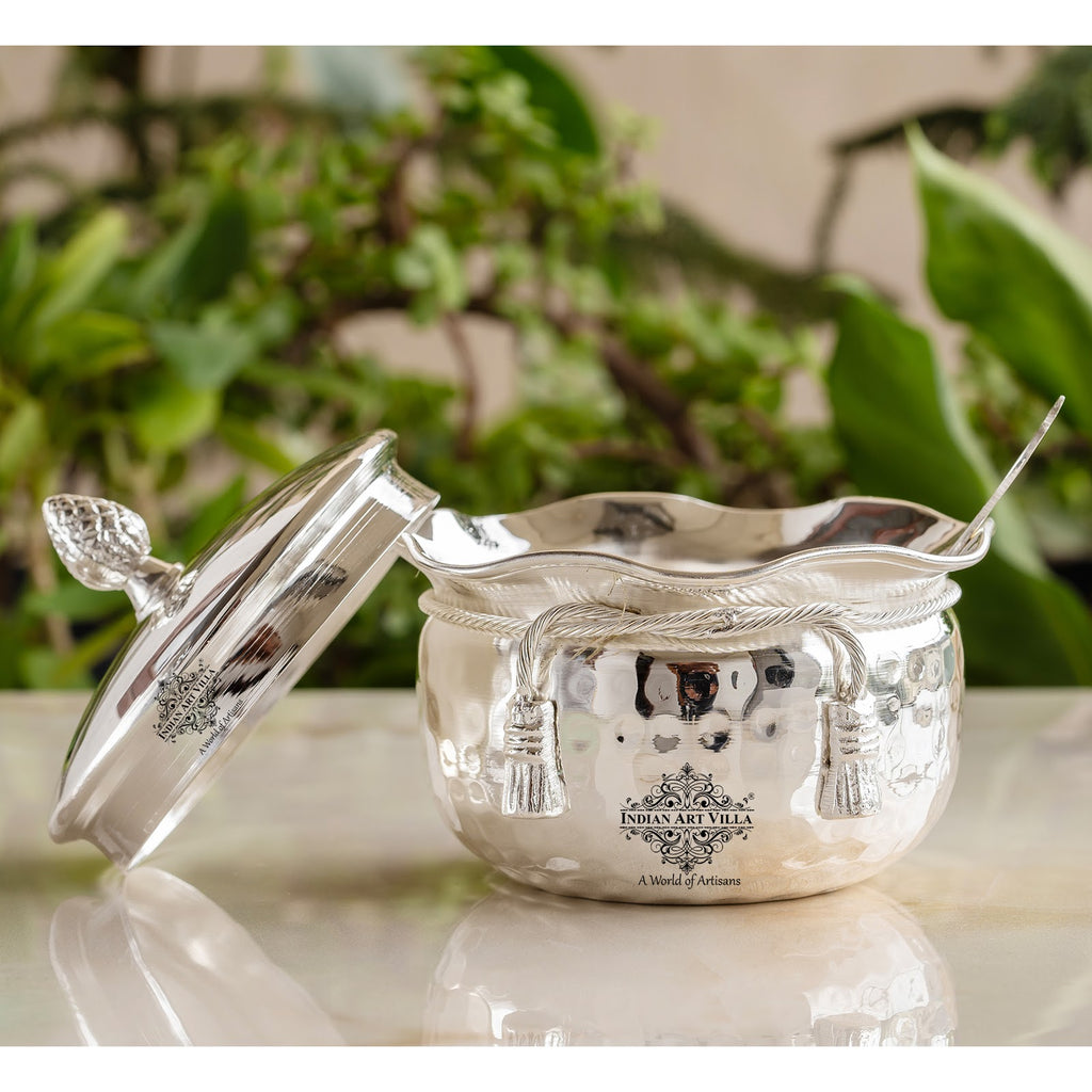 Indian Art Villa Luxury Silver-Plated Bowl with Hammered Finish & Matching Spoon – Elegant Gift Set for All Occasions