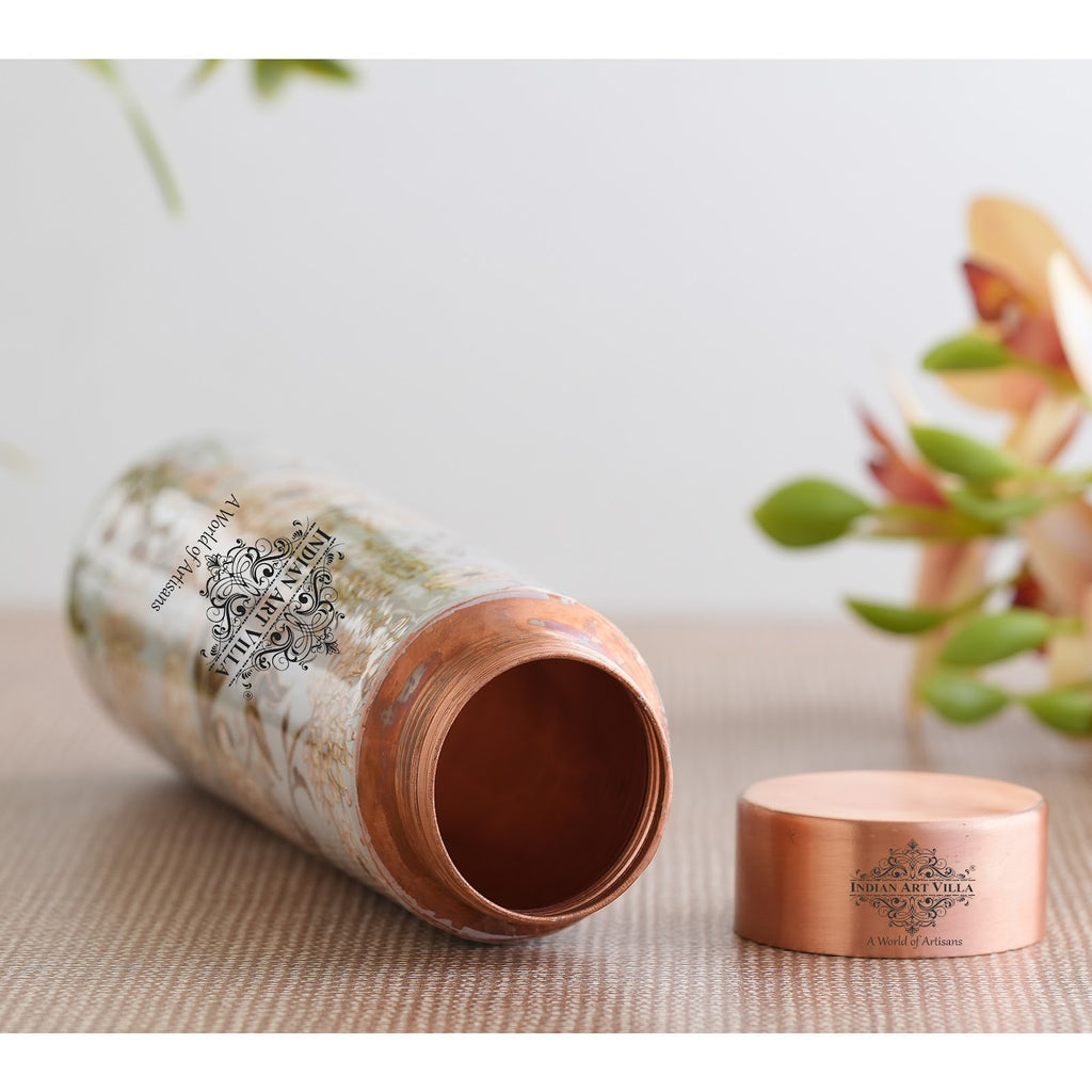 Indian Art Villa Pure Copper Handcrafted Water Bottle With Gold Flower Print Design, 800 ML