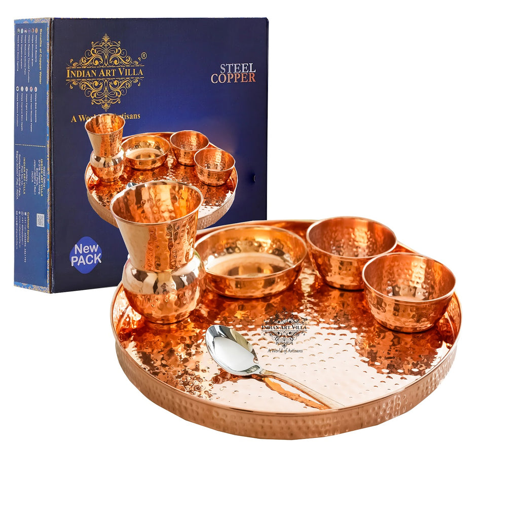 IndianArtVilla Pure Copper Hammered  Design, 6 Pieces Dinner Set, 30.48 cm Thali